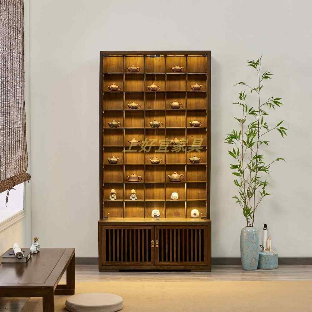 实木玻璃紫砂壶展示柜新中国茶柜茶具茶杯茶壶古架榆树格架