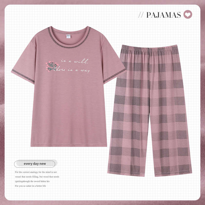适用于妈妈睡衣夏季纯棉短袖七分裤中年人妇女士家居服夏天全棉大