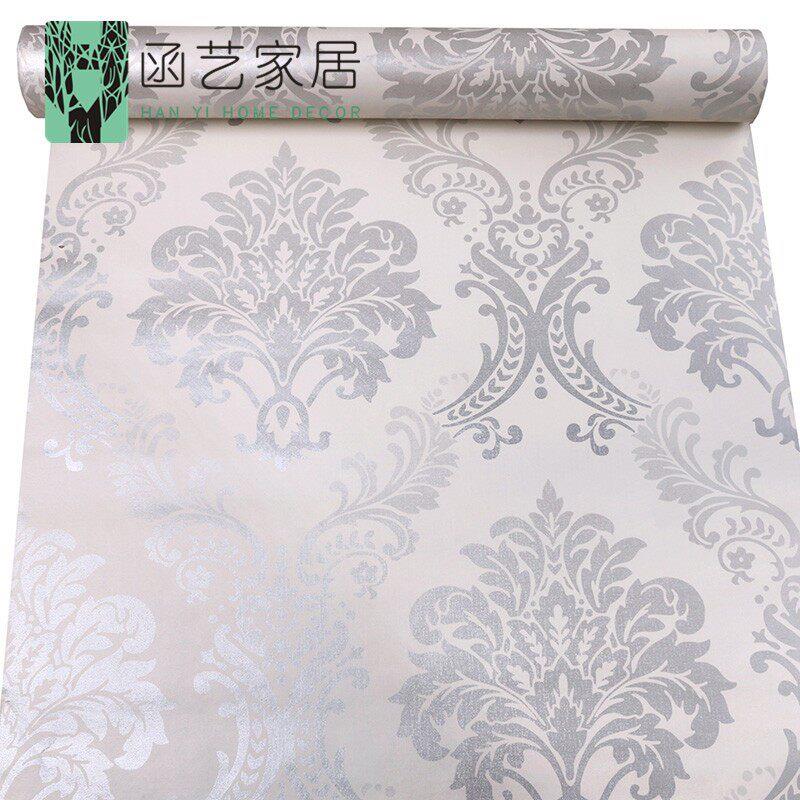 灰白色大马士防水欧式墙纸自粘卧室温馨壁纸房间客厅背景墙装饰