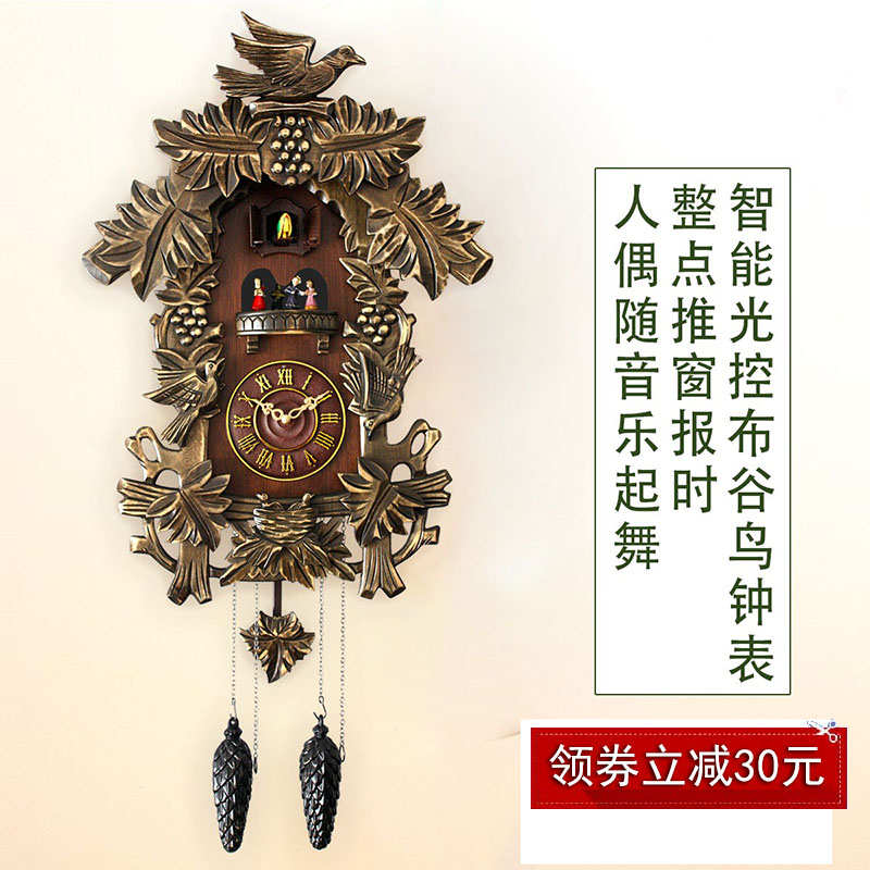 布谷鸟音乐咕咕挂钟实木欧式机芯装饰扫秒自动智能手工雕刻田园风