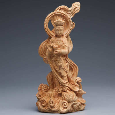 崖柏木雕渡海观音佛像家用 观世音菩萨寺庙供奉中式工艺品摆件