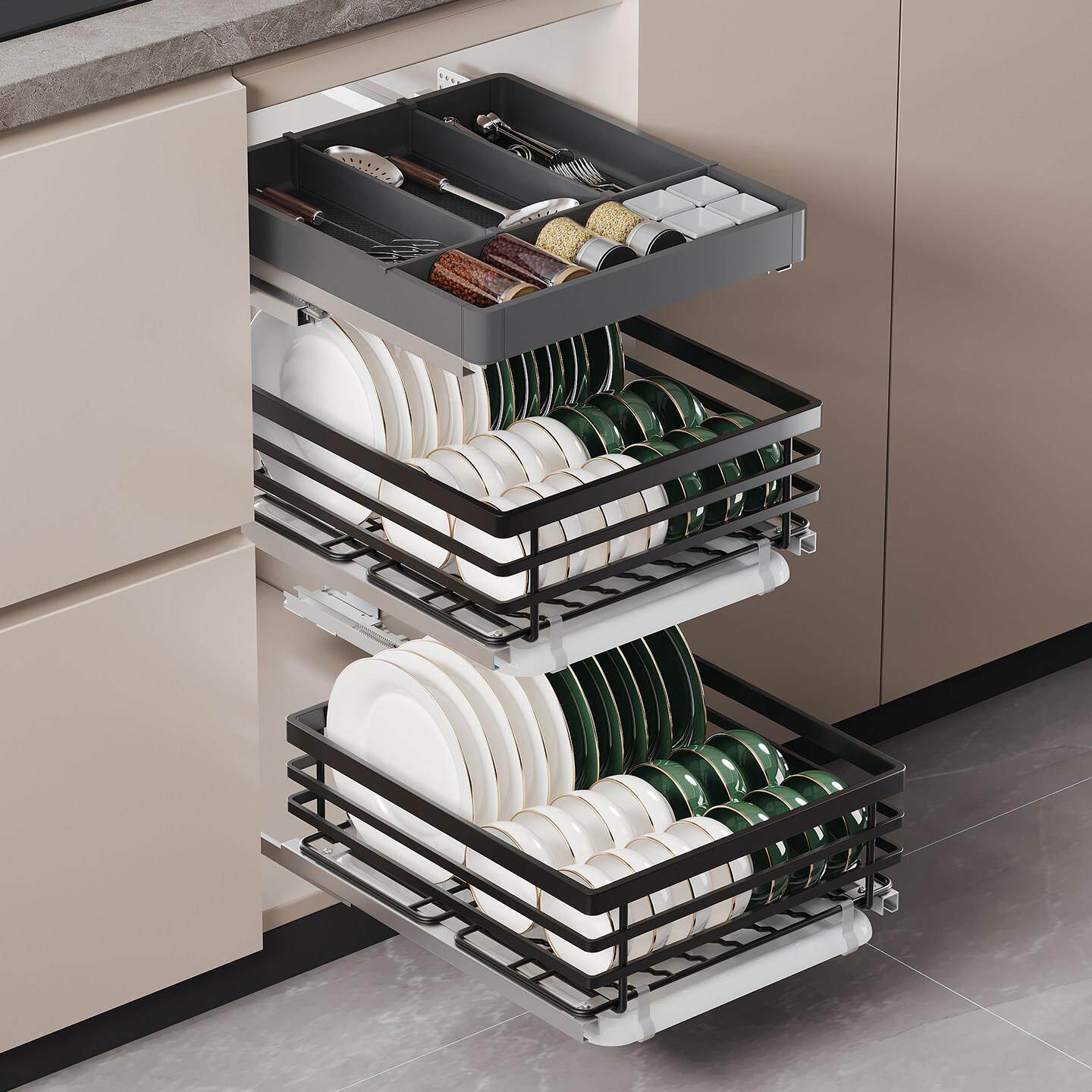 不锈钢碗碟拉篮小尺寸三层厨房整体橱柜果蔬拉篮加深双层抽屉窄柜