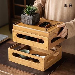 茶具收纳盒竹制双层套盒桌面收纳架带盖防尘置物架中式复古储物柜