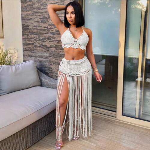 Two-Piece Set Women'S Halter Neck Crop Top & Fringe Trim