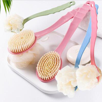 Long-handled soft bristle bath brush and exfoliating washclo