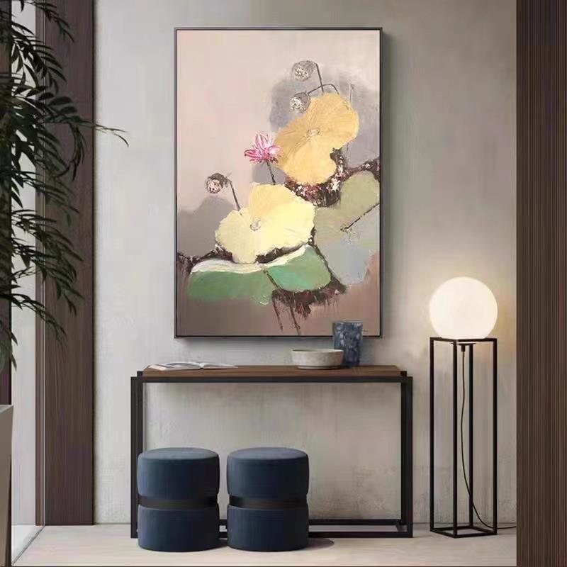 纯手绘新中式禅意装饰画抽象荷花油画客厅玄关高端金色挂画落地画