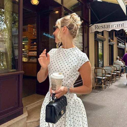 Vintage Elegant Round Neck Polka Dot Print Dress, Style Wais