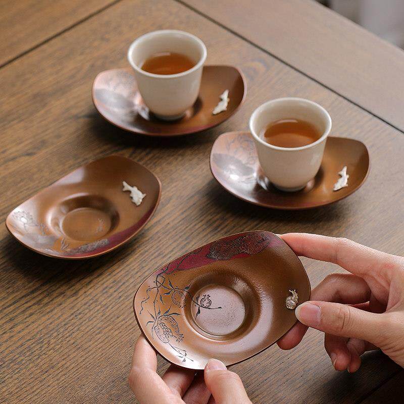 纯紫铜手工鎏银元宝紫铜茶杯垫家用隔热茶杯托茶道茶垫功夫茶配件