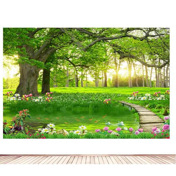 森林树木风景墙贴画 绿色护眼现代风格装饰壁画 自粘式花草设计