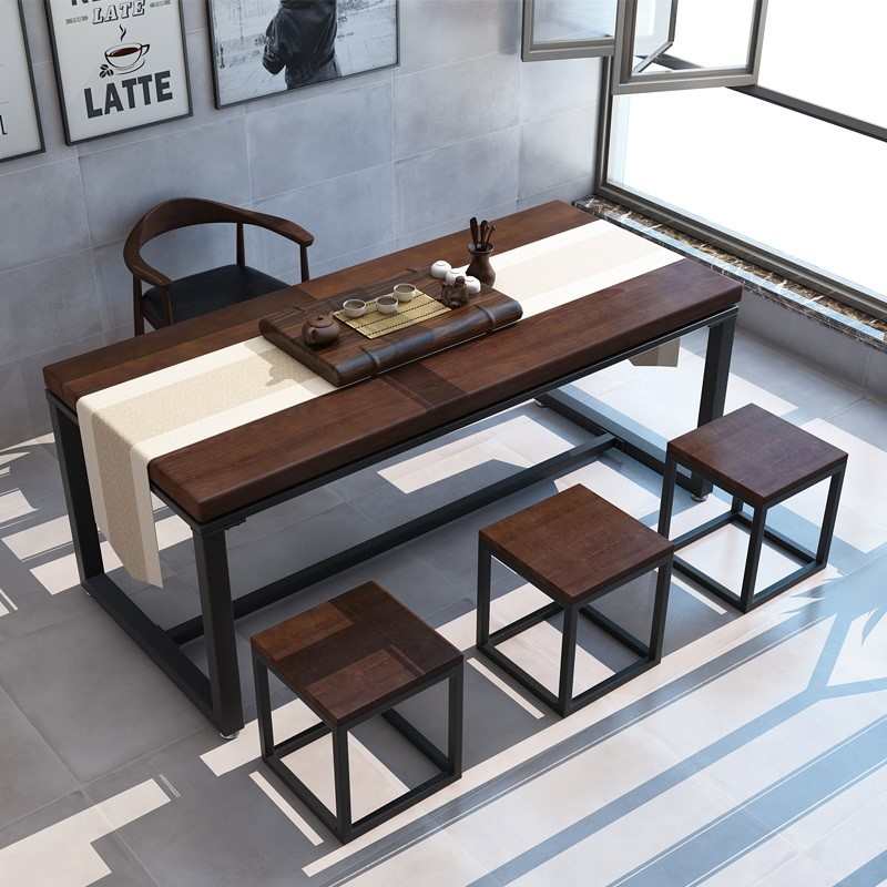 北欧休闲茶桌椅组合简约现代书桌中式茶室长方形铁艺实木家用餐桌