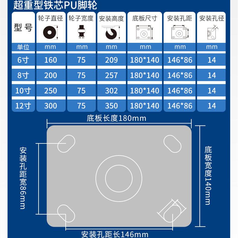 超重型脚轮MC纯尼龙万向轮6/8/10/12寸铁芯PU轮机械设备锻钢脚轮