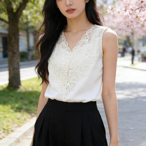 Ice silk V-neck lace patchwork sleeveless camisole with