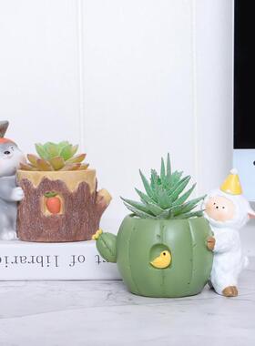 田园乡村园艺桌面小盆栽容器创意树脂多肉小兔子花盆微景观花器