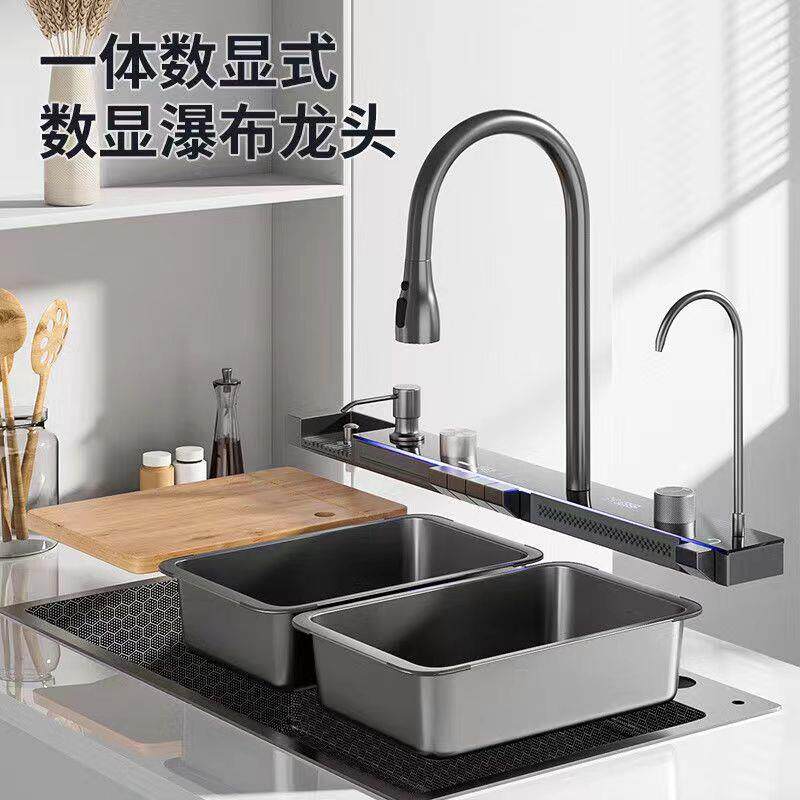 跨境纳米按键鲸鱼飞鱼洗碗槽压纹氛围灯304不锈钢厨房大单槽