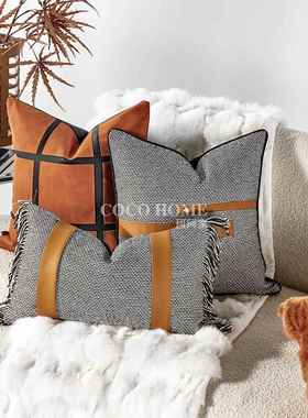 2025新款沙发抱枕橙色床头靠垫pu拼接背靠腰枕高端客厅软装样板房