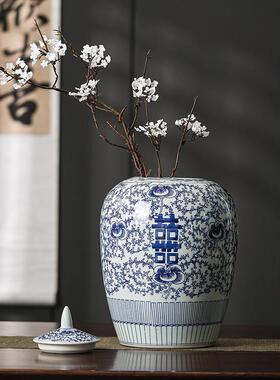 青花瓷幸福坛子陶瓷花瓶饰品新型中国风陶瓷花瓶客厅书房陶瓷饰品