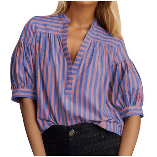 Striped shirt with short sleeves and lantern sleeves for wom