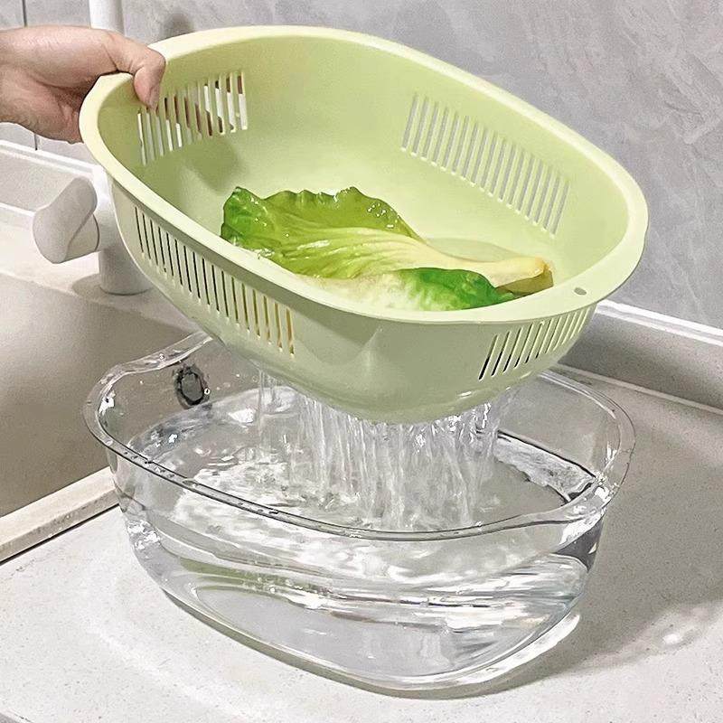 Double-layer vegetable washing basin with a draining basket,