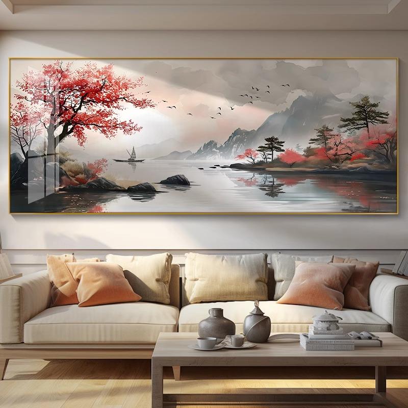 一帆风顺山水画 画办公室挂画 画新中式客厅装饰画 画茶室沙发背