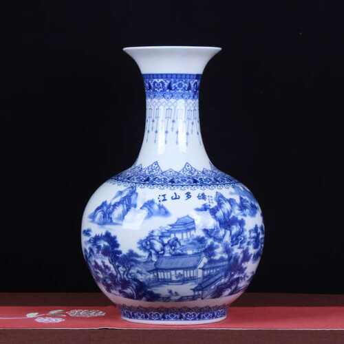 陶瓷大花瓶摆件 现代中式古典青花瓷釉中彩山水赏瓶 江山多娇装饰
