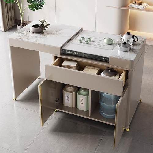 现简约轻奢伸缩可茶移动阳岩台代板茶桌组合ISC小车小型茶台