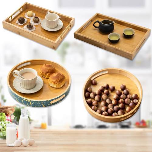 多款长方形竹木制托盘家用面包水果圆形托盘酒店茶水金属双耳托盘