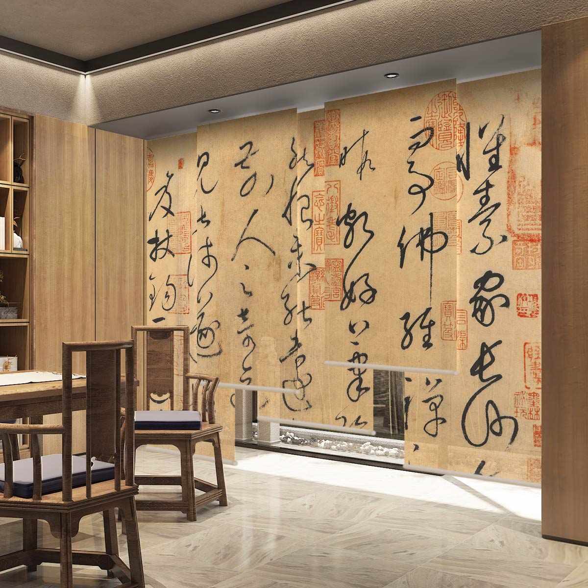 宋式美学窗帘遮光2024新款电动卷帘古风书法挂帘中式软隔断屏风帘