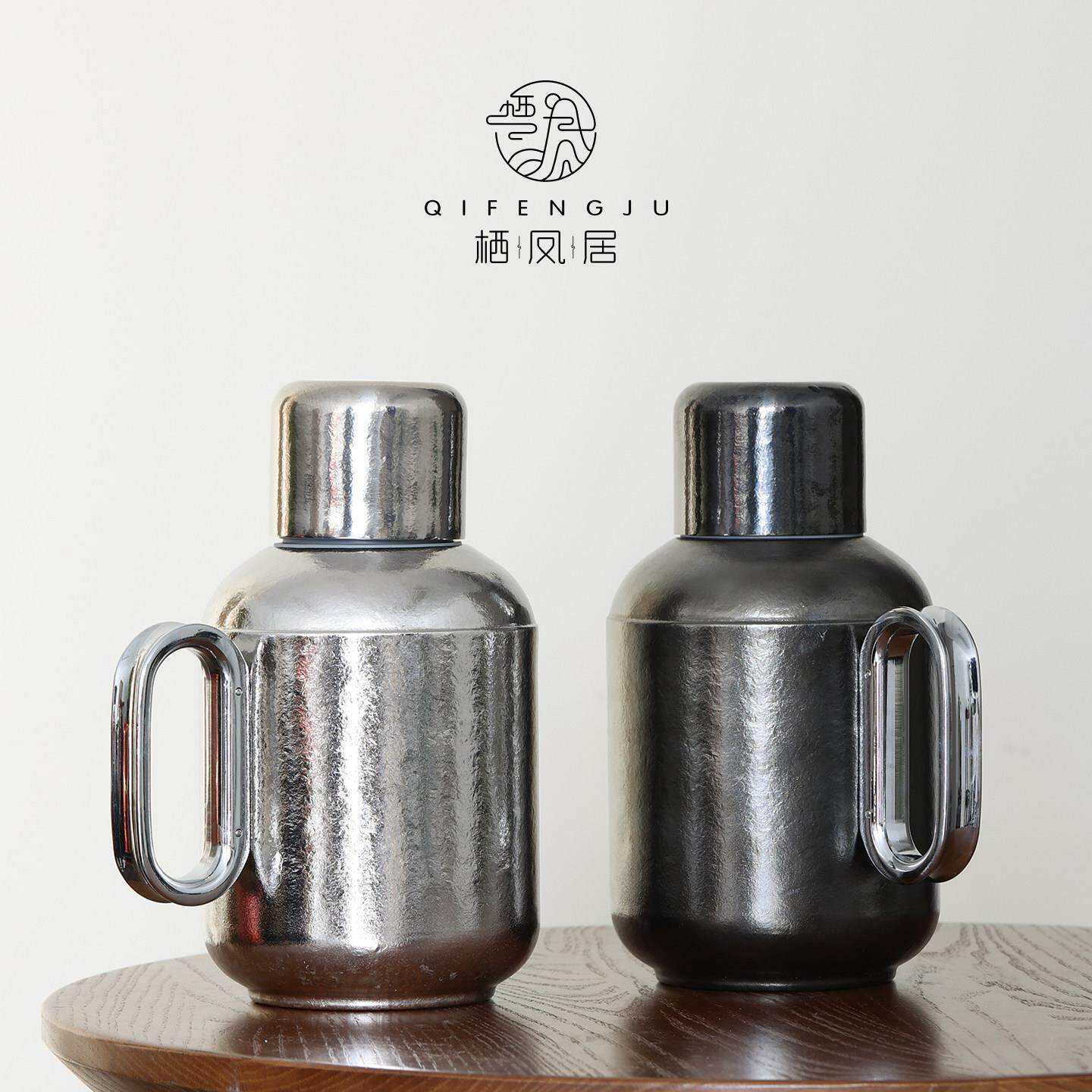 栖凤居纯钛保温壶银色家用大容量暖水壶温显可携式焖茶壶热水瓶