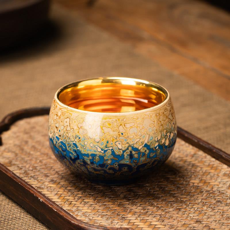 漆器茶具福州大漆手工制作主人杯渐变24k金菩提叶陶瓷茶杯礼品图片