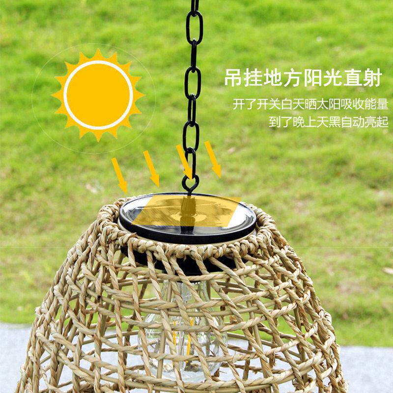 太阳能吊灯户外庭院灯花园布置装饰灯凉亭铁艺吊灯防水藤条编织灯