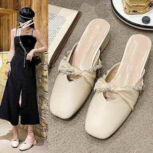 外贸新款中跟粗跟半托凉鞋2026夏季新款仙女风珍珠高跟鞋防滑女鞋