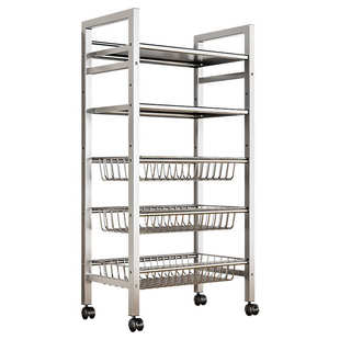 不锈钢厨房置物架小推车多功能落地蔬菜篮子多层家用微波炉收纳架