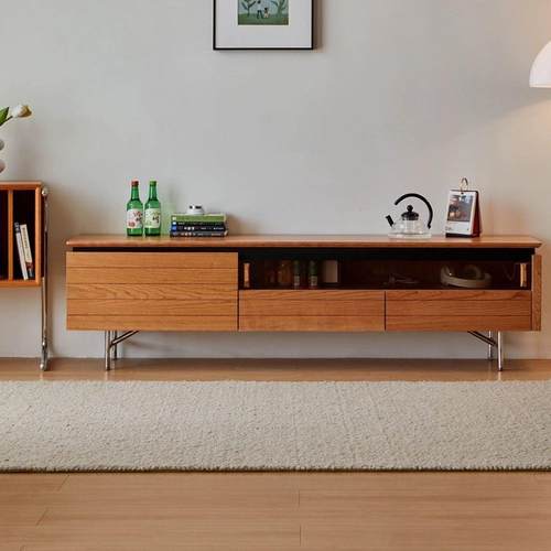 轩木樱桃木电视柜实木岩板不锈钢腿储物柜小户型日式茶几组合家具