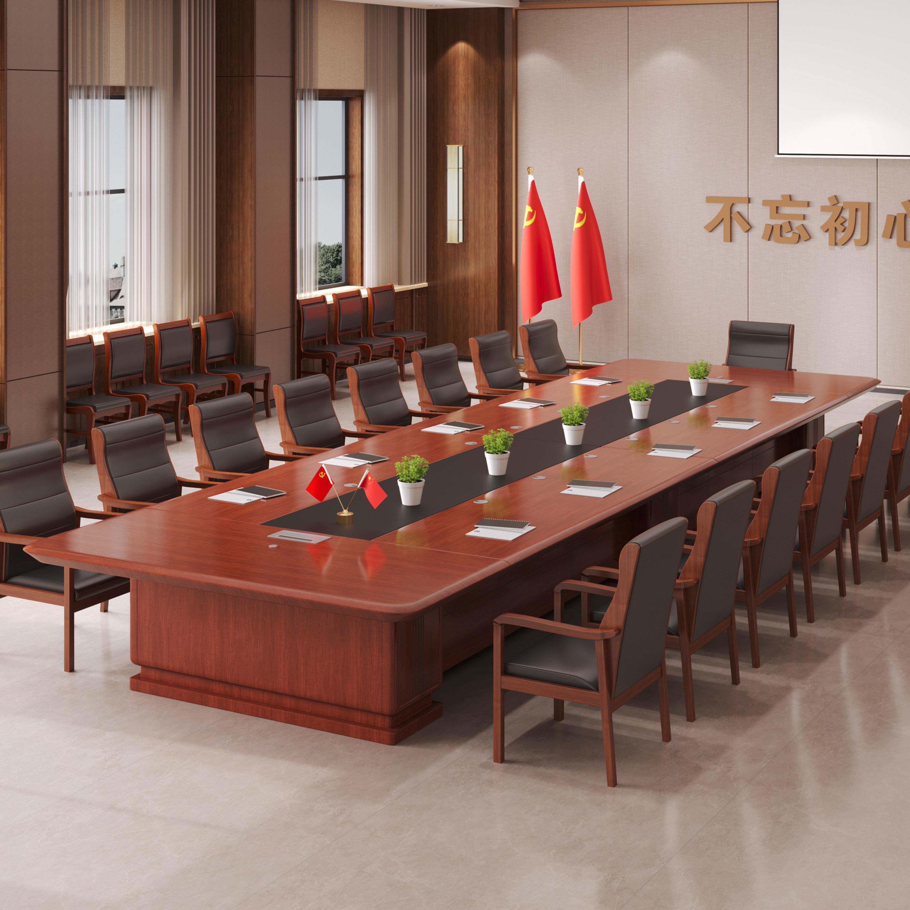 实木油漆会议桌长桌工作台员工桌培训洽谈桌办公家俱木皮黑皮桌子