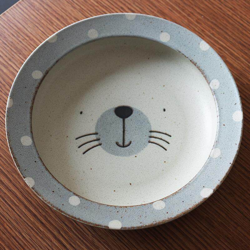 日本美浓烧可爱动物早餐盘刺猬狮子海豹平盘马克杯咖哩饭深盘汤盘