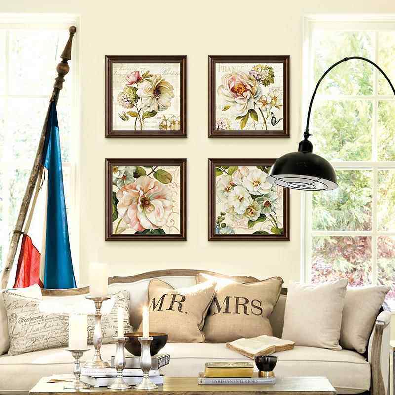 美式乡村玄关壁画简欧田园客厅装饰画温馨花卉四联画餐厅卧室挂画