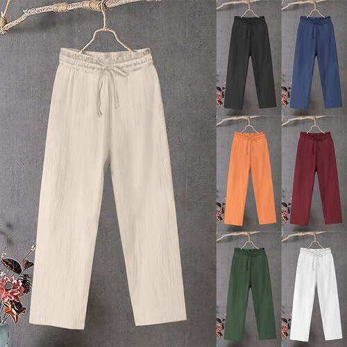 Elastic waisted cotton linen wide leg pants, long pants