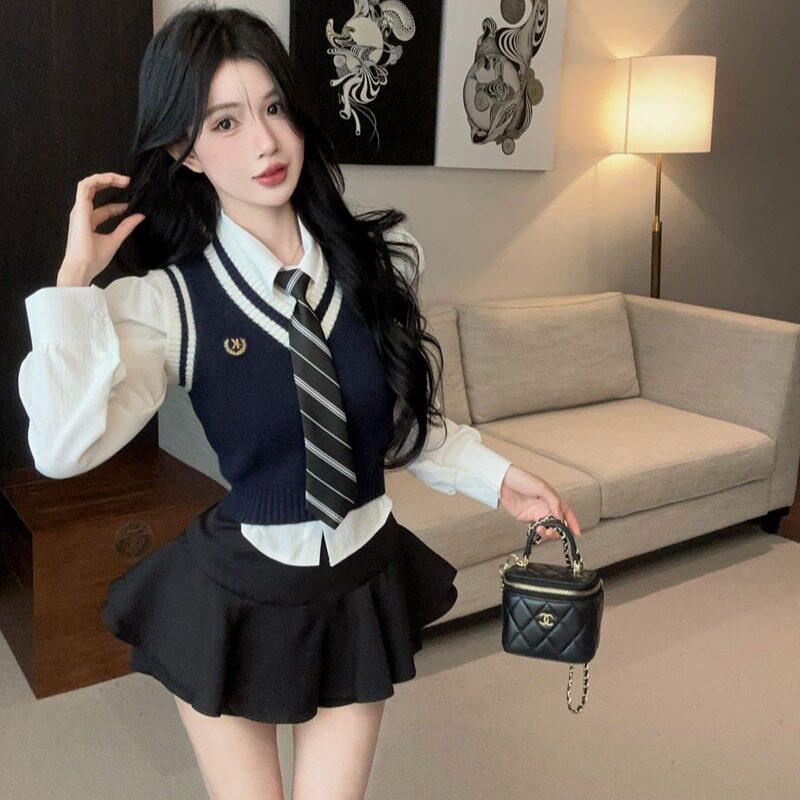 秋冬款美式学院风衬衫马甲短裙叠穿套装女制服针织显瘦三件套装