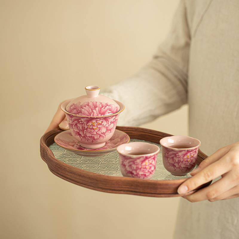 景德镇粉汝牡丹开片盖碗茶杯套装陶瓷茶具三才盖碗品茗杯茶盘全套
