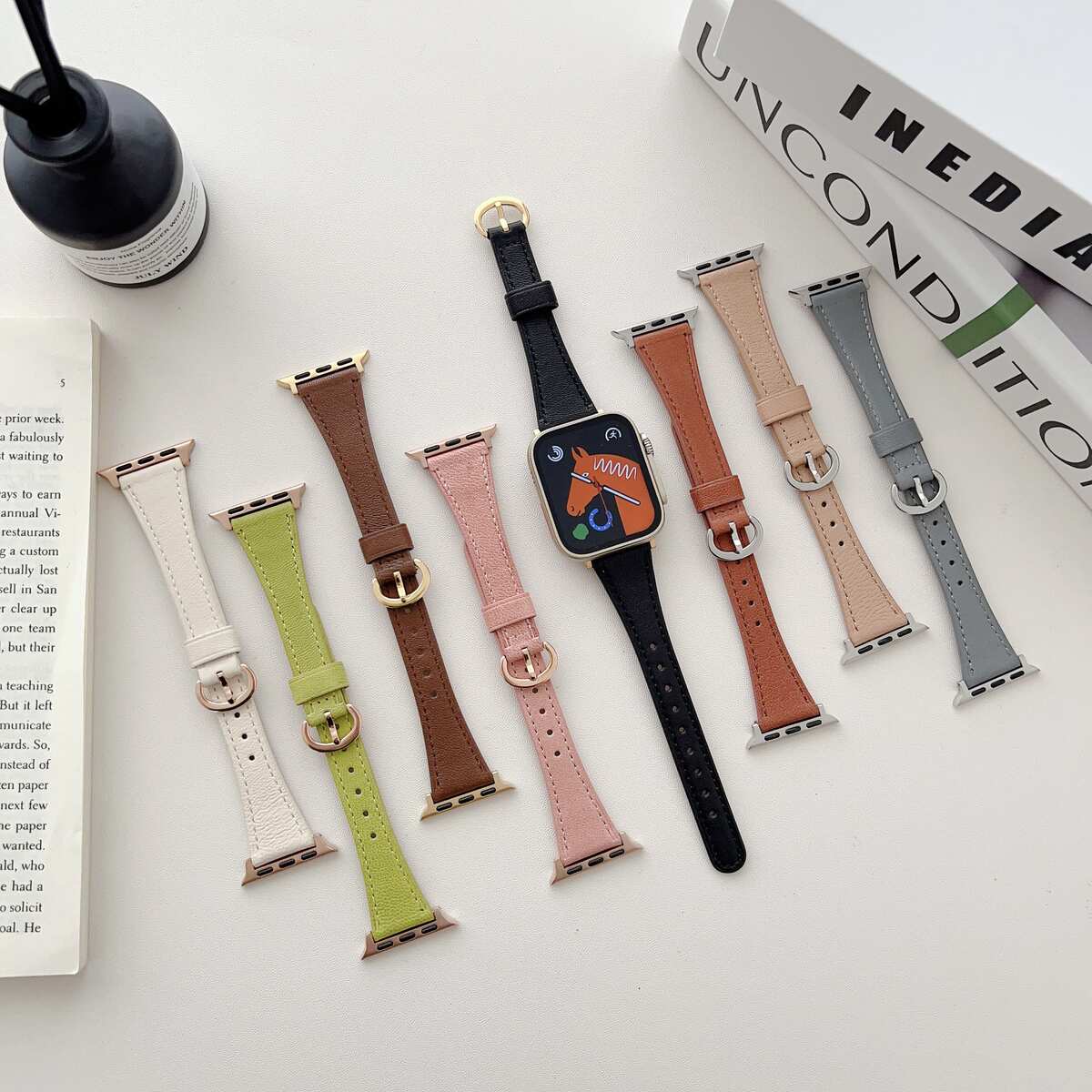 适用苹果表带apple watch 8 6 7 5 SE 3 2小羊皮椭圆扣替换表带