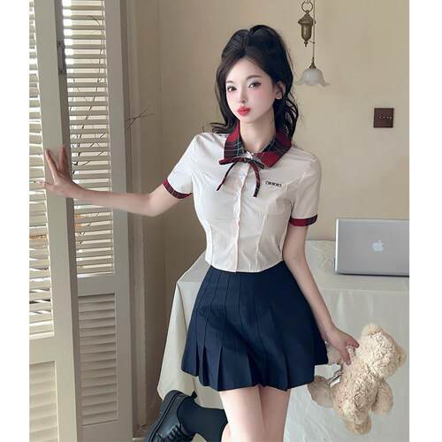 酒店桌球休闲室足浴会所女工作制服修身短袖白衬衫百褶短裙套装