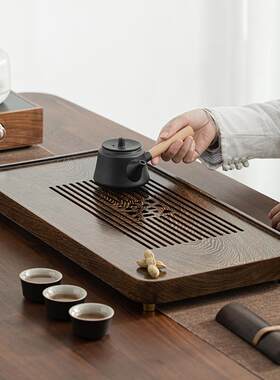 大号整块鸡翅木茶盘家用简约长方形茶海茶托储水排水抽屉式托盘