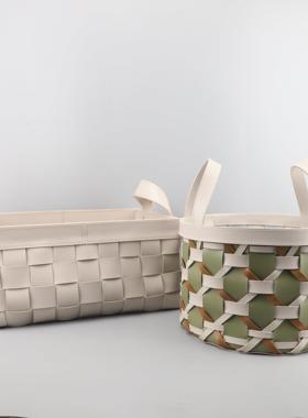 北欧创意编织皮革收纳筐摆件客厅卧室书房玄关桌面样板房家居饰品