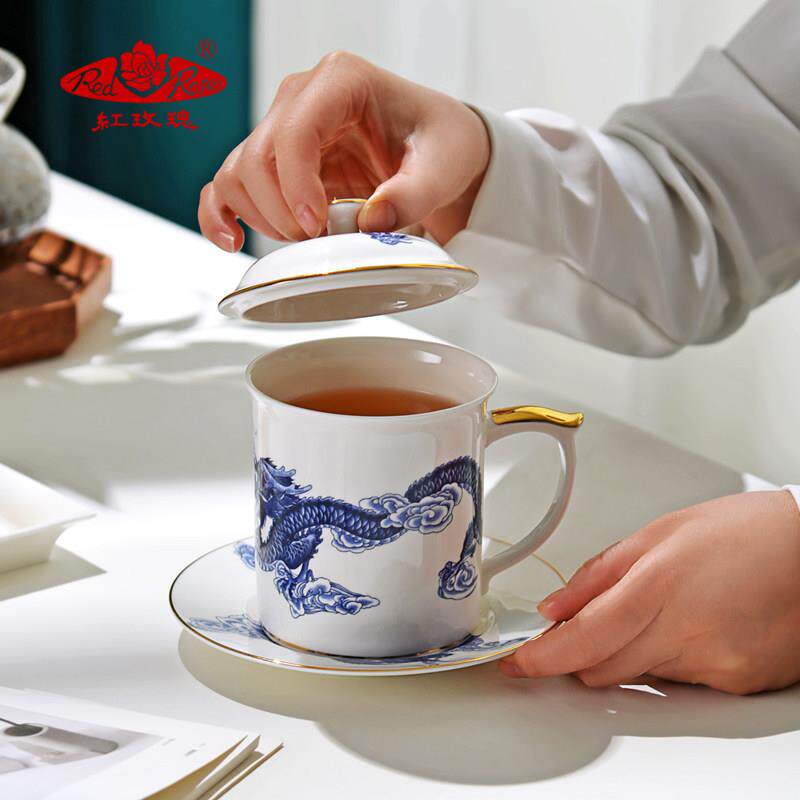 唐山红玫瑰盖杯骨瓷办公室水杯滤茶杯陶瓷套装中式釉中彩节日礼盒