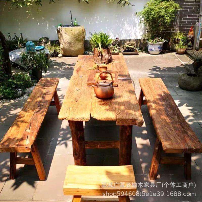 阳台茶桌户外实木桌椅家具加厚实木板办公桌长方形饭店吃饭餐桌椅