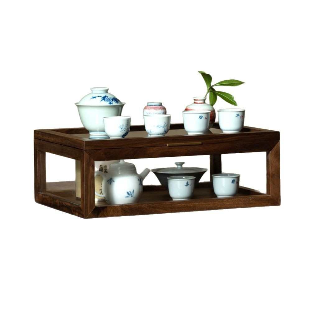 黑胡桃木五面透明玻璃茶具展示柜 防尘茶杯收纳盒茶室桌面陈列柜