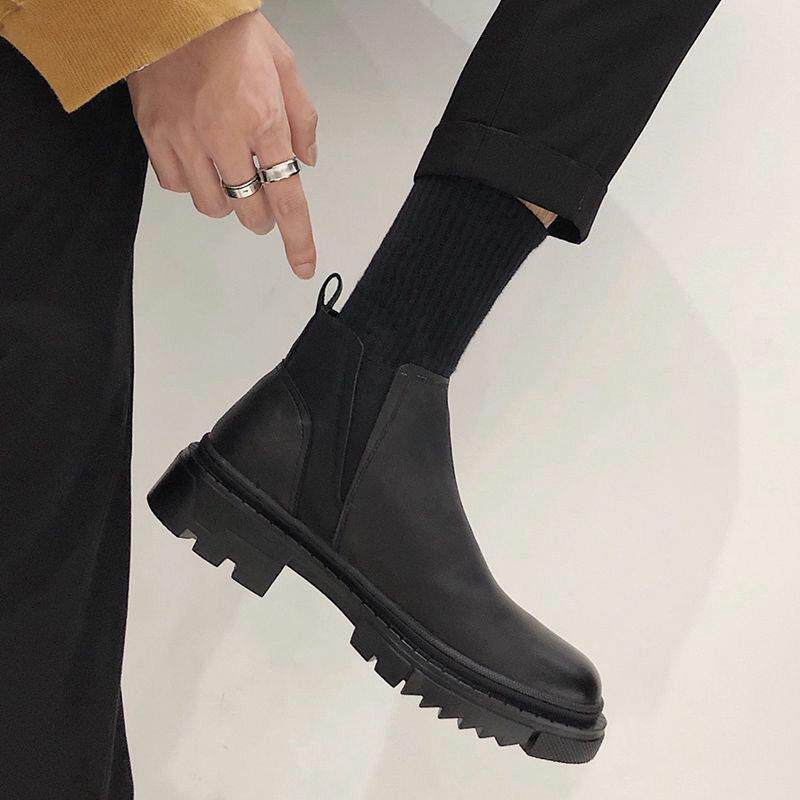 潮牌切尔西马丁靴男秋季休闲皮鞋黑色低帮中筒靴子潮英伦真皮短靴