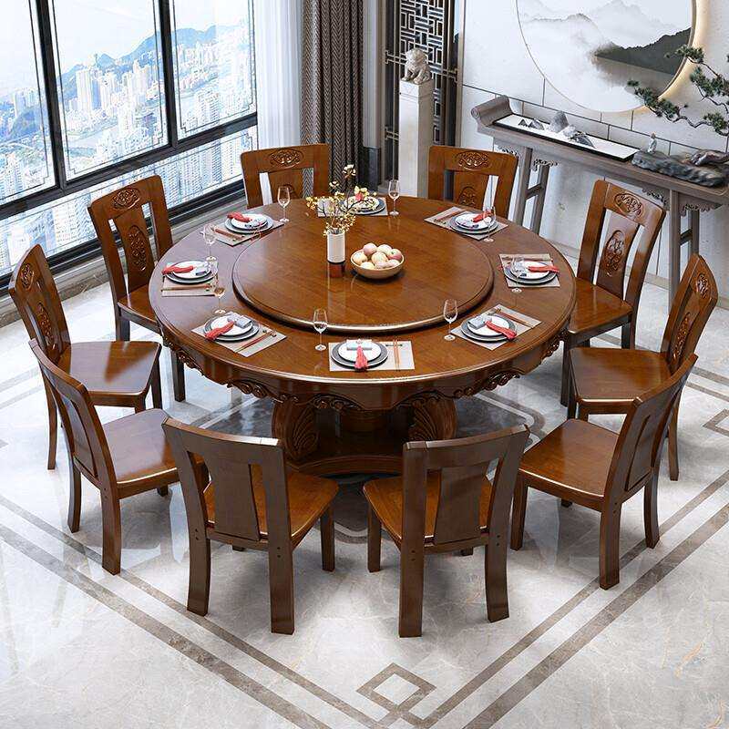 桌椅组合带转盘圆台新中式实木雕花家用圆形吃饭桌子8人10人12人