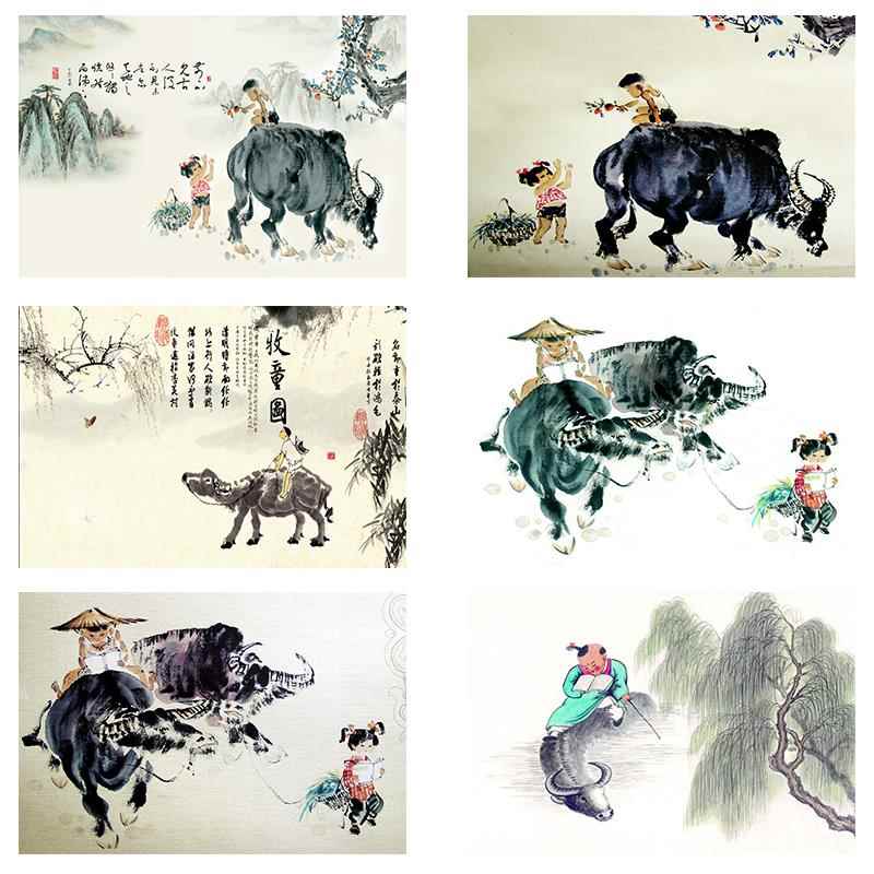 中式风水招财水墨春牛图牧童骑牛男孩女孩民宿书房墙布喷绘自粘画