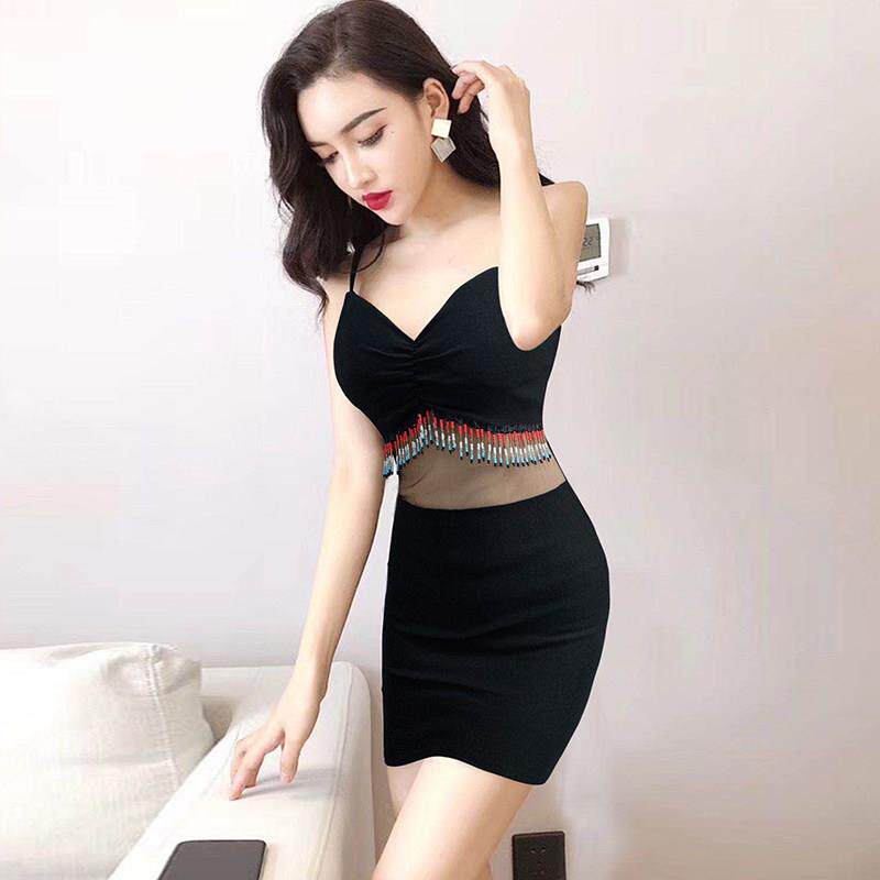 低胸性感吊带洋装露背直播衣服带胸垫包臀短裙桑拿足浴技师工装